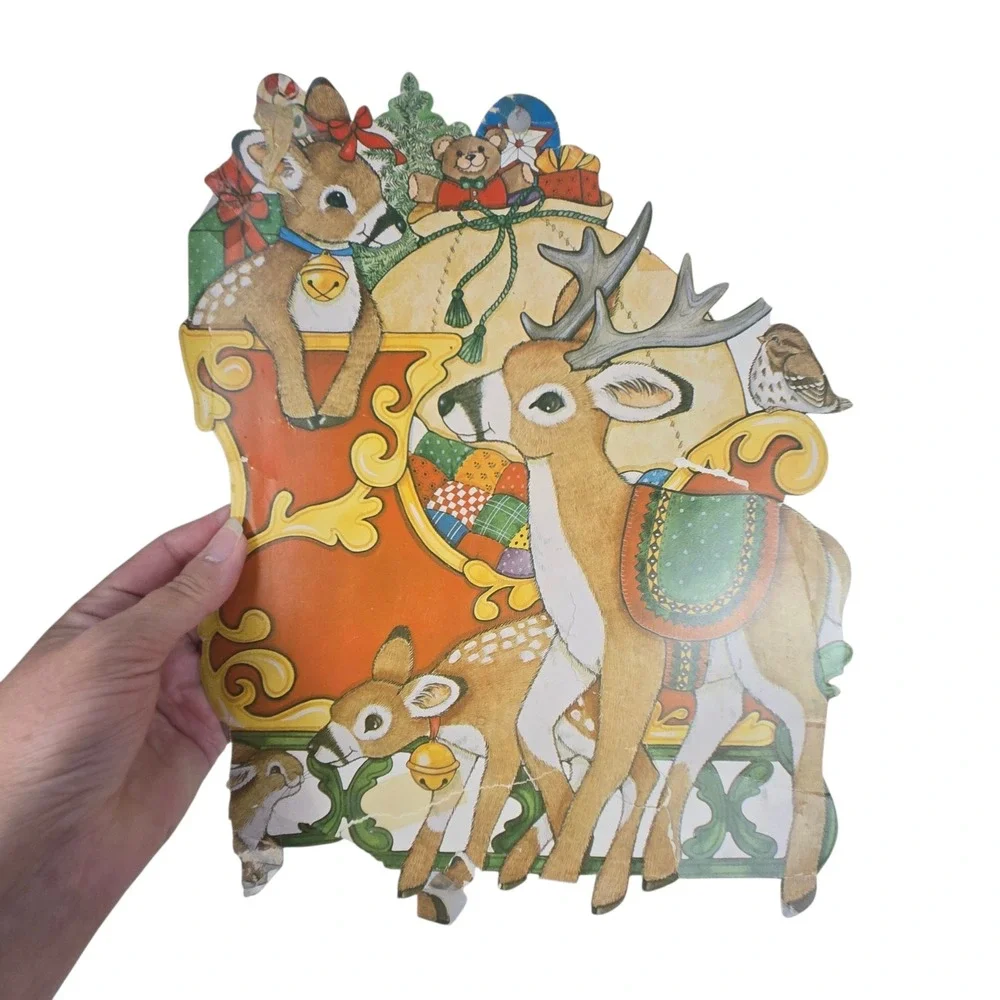 5 Vtg 60s Christmas Paper Cutouts Double Sided Snowman Reindeer Tree USA READ